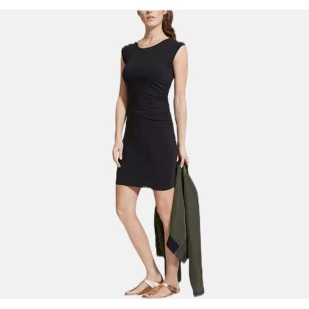 Three Dots Scrunch Ruched Black Cotton Dress Size Small‎